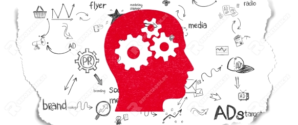 Advertising concept: Painted red Head With Gears icon on Torn Paper background with Scheme Of Hand Drawn Marketing Icons, 3d render