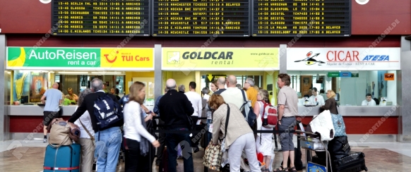 Car rental offices at Tenerife south airport with queues of people, Canary Islands, Spain
