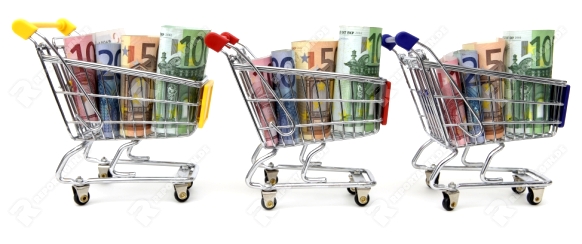 Mini shopping carts with euro banknotes in a row on white background