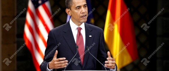 DRESDEN - JUNE 05:  Barack Obama, the 44th President of the United States at a Press conference with the german Chancellor Angela Merkel at the Residenz Schloss. June 05, 2009 in Dresden, Germany.
