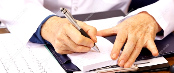 Hände einer Ärztin mit Stift beim Schreiben von Notizen