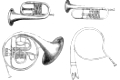 various forms of old brass instruments, French horn, hunting horn, war-horn , verschiedene Formen von alten Blechblasinstrumenten, Ventilhorn, Jagdhorn, Waldhorn, Kriegshorn  
