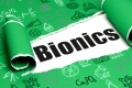 Science concept: black text Bionics under the curled piece of Green torn paper with  Hand Drawn Science Icons, 3D rendering