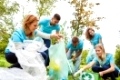 Gruppe ehrenamtlicher Umweltschützer sammelt Abfall in einem Naturschutzprojekt