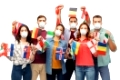 health, safety and pandemic concept - group of people wearing face protective mask or respirators for protection from virus disease with flags of different countries on string over white background