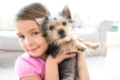 Smiling little girl holding her yorkshire terrier puppy at home in the living room