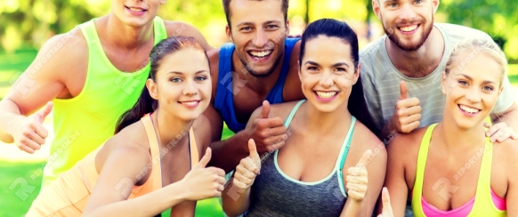 fitness, sport, friendship and healthy lifestyle concept - group of happy teenage friends or sportsmen showing thumbs up outdoors
