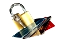 Credit Cards Bank cards and padlock with key on a white background.online banking, credit card transactions, trading, protection, fraud, identity theft, etc.