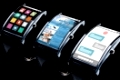 modern technology, object and media concept - close up of black smart watch set with business news, messenger application and menu icons