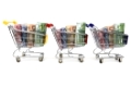 Mini shopping carts with euro banknotes in a row on white background
