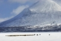 Samen mit Schneescootern begleiten Rentierherde auf der Fruehjahrswanderung zu den Sommerweidegruenden; See Akkajaure mit Akkamassiv, Stora Sjoefallet Nationalpark, Welterbe Laponia, Lappland, Schweden;  April 2007