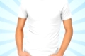clothing design, advertisement, fashion and people concept - close up of ma in blank white t-shirt over blue burst rays background