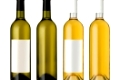 White wine bottle in clear glass bottle with blank label and no label on white background